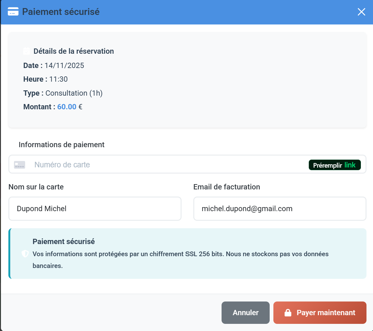 Écran de paiement en ligne Stripe intégré